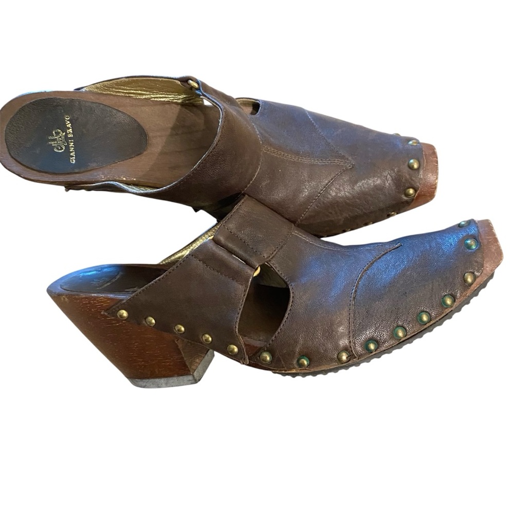 Gianni Bravo brown leather studded square pointy toe mule clog heel size 38 us 8